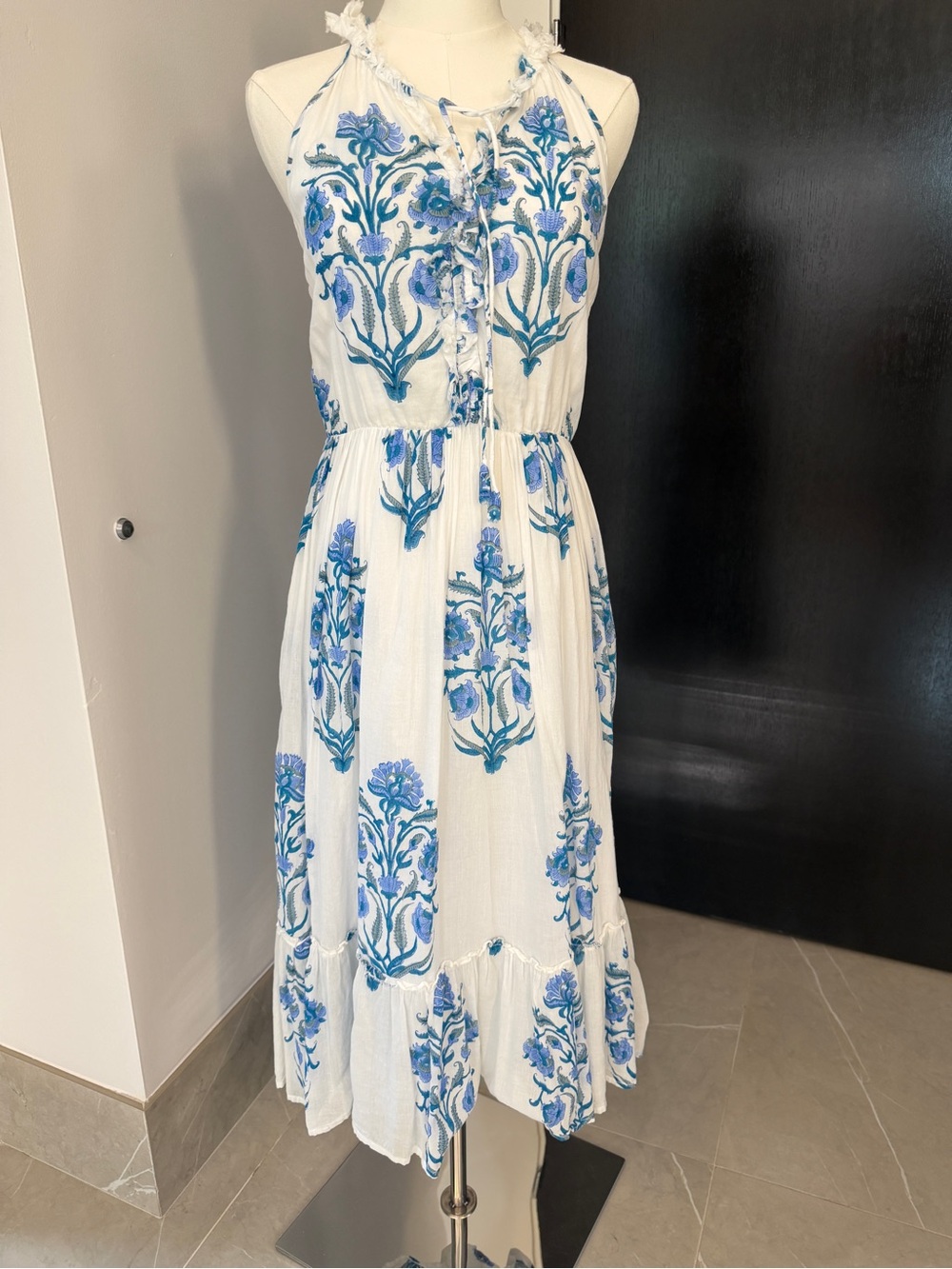 Roller Rabbit White Midi Dress with Blue Floral print